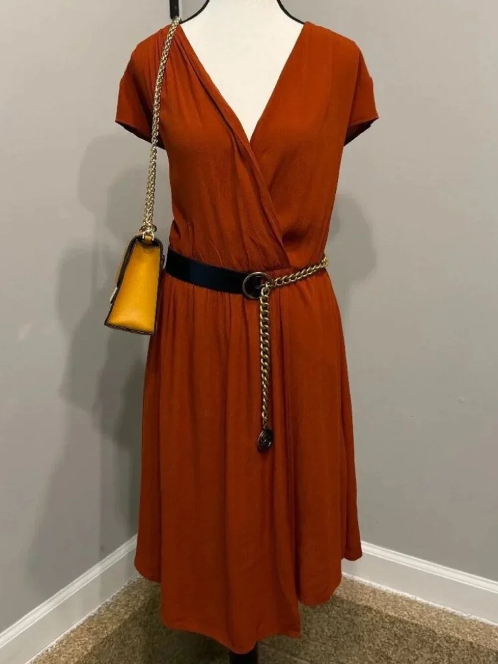Maeve Anthropologie Noronha Burnt Orange Faux Wrap Midi Dress M